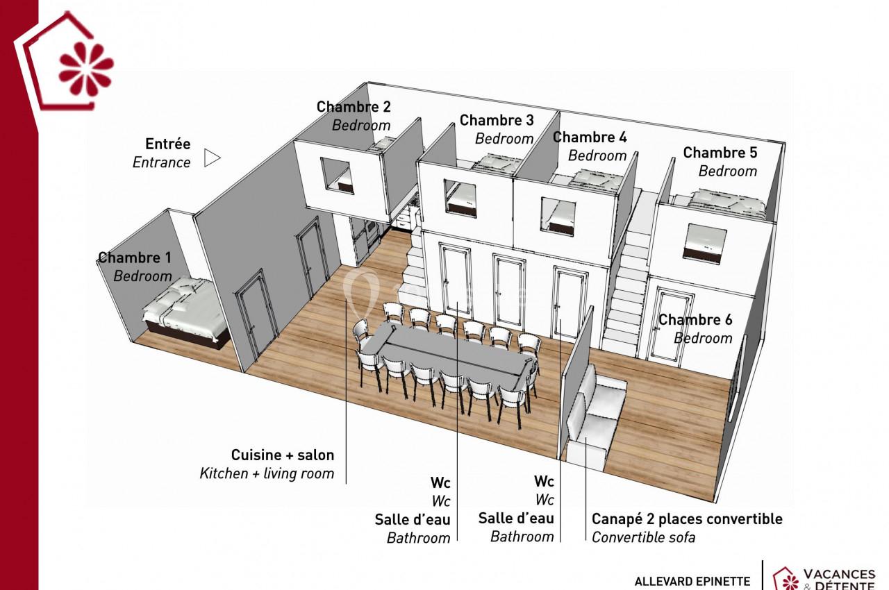 Plan en 3D d’un logement avec six chambres, cuisine, salon, salle à manger, salles d’eau et canapé convertible.