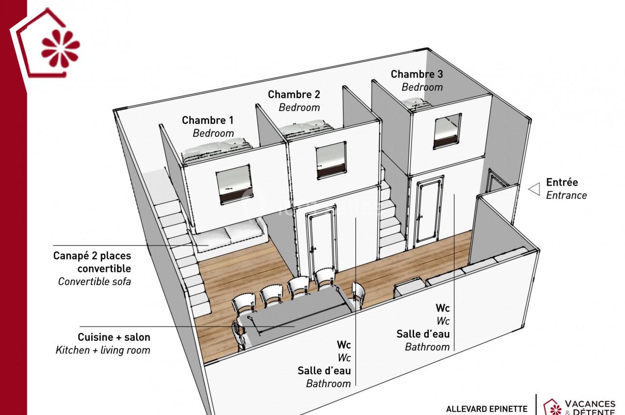 Plan 3D d'un appartement avec trois chambres, cuisine-salon, deux salles d'eau, deux WC et un canapé convertible.