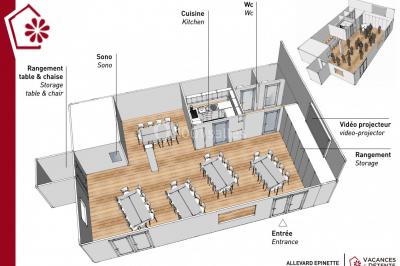 Panneau indiquant les services et parkings du bâtiment Épinette, avec un lampadaire et un paysage en arrière-plan.