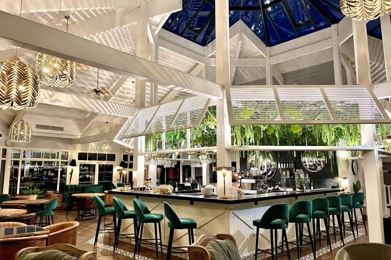 Intérieur d'un bar lumineux avec tabourets verts, plantes suspendues et toit en verre laissant passer la lumière.