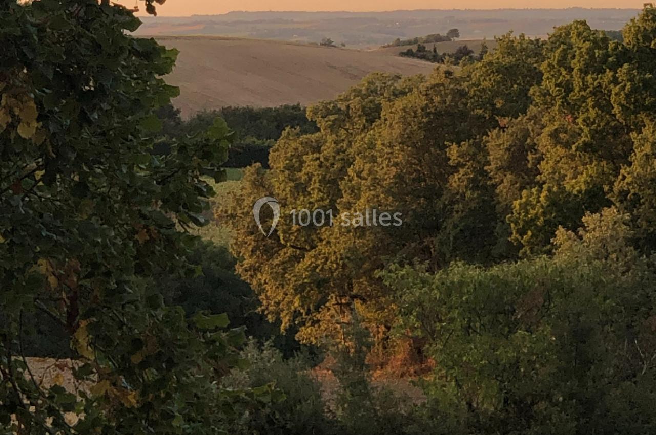Paysage de campagne au coucher du soleil avec des collines, des arbres et un champ fauché au premier plan.