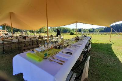 Tente tipi blanche installée sur une pelouse avec une table de pique-nique à proximité, entourée de verdure.