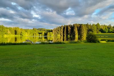 Tente tipi blanche installée sur une pelouse avec une table de pique-nique à proximité, entourée de verdure.