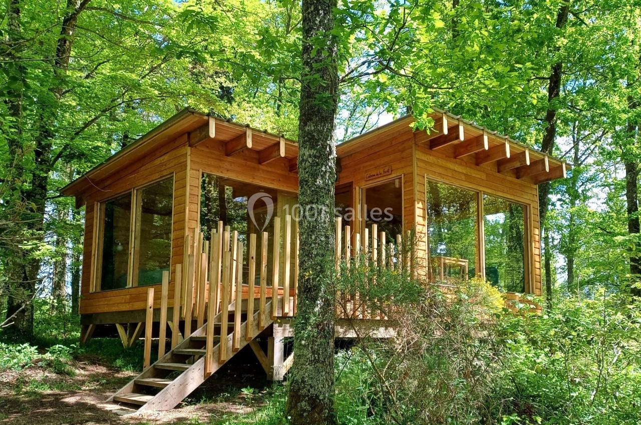 Cabane en bois moderne avec grandes baies vitrées, entourée d'arbres dans une forêt verdoyante.