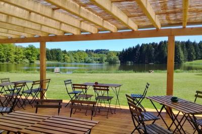 Cabane en bois avec toit en tuiles grises, grandes fenêtres et porte vitrée, située dans un espace arboré.