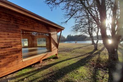 Cabane en bois avec toit en tuiles grises, grandes fenêtres et porte vitrée, située dans un espace arboré.
