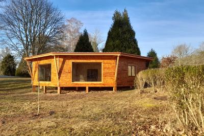 Cabane en bois avec toit en tuiles grises, grandes fenêtres et porte vitrée, située dans un espace arboré.