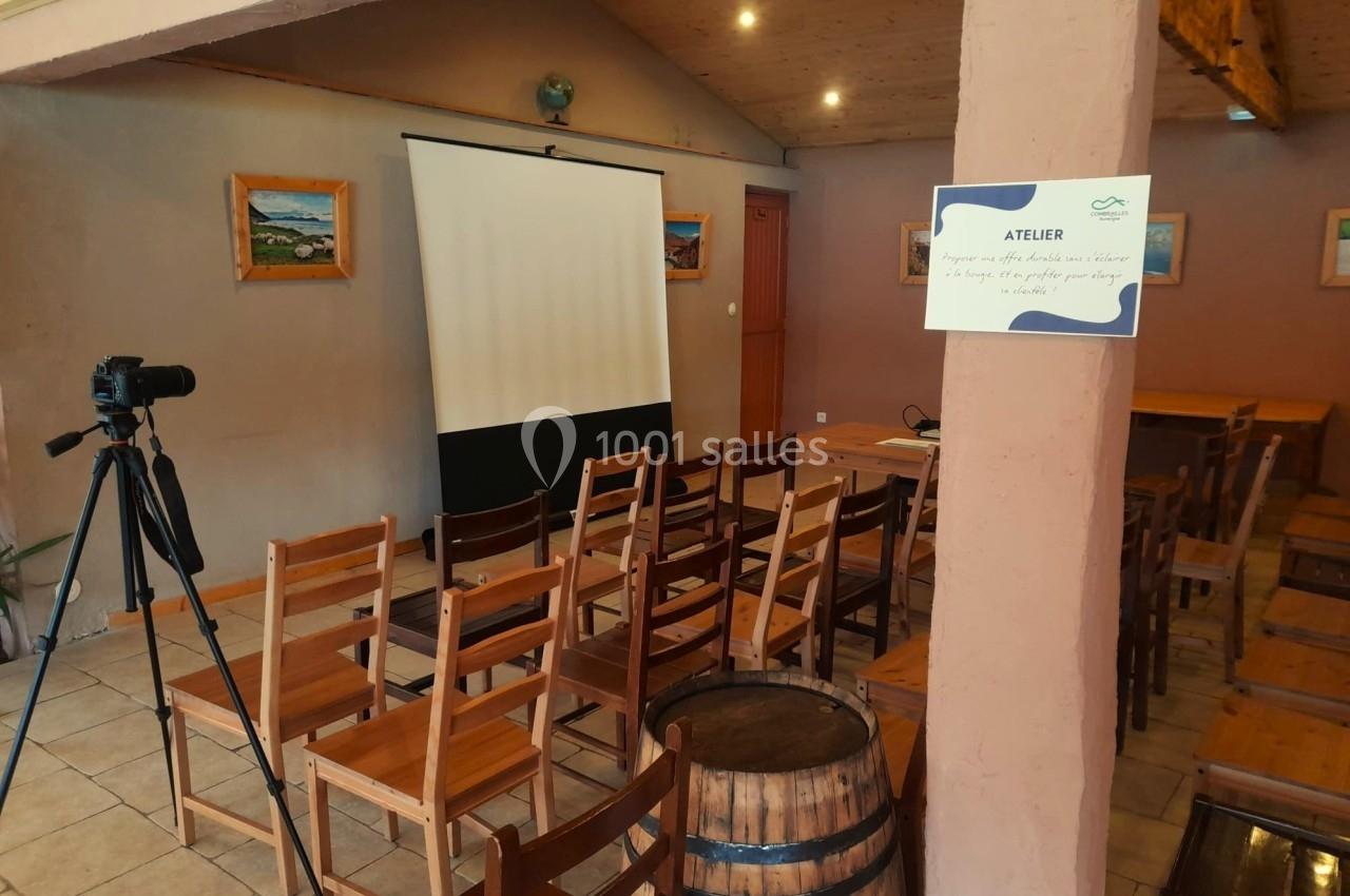 Salle aménagée avec des chaises, un projecteur et un trépied, prête pour un atelier ou une présentation.