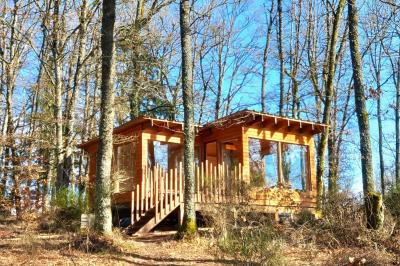 Cabane en bois avec toit en tuiles grises, grandes fenêtres et porte vitrée, située dans un espace arboré.