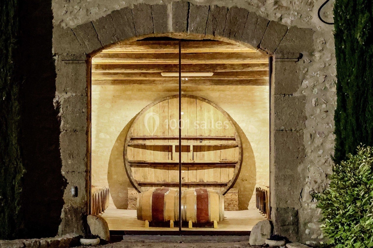Vue d'une cave en pierre avec une grande porte vitrée, un tonneau en bois et des barriques alignées à l'intérieur.