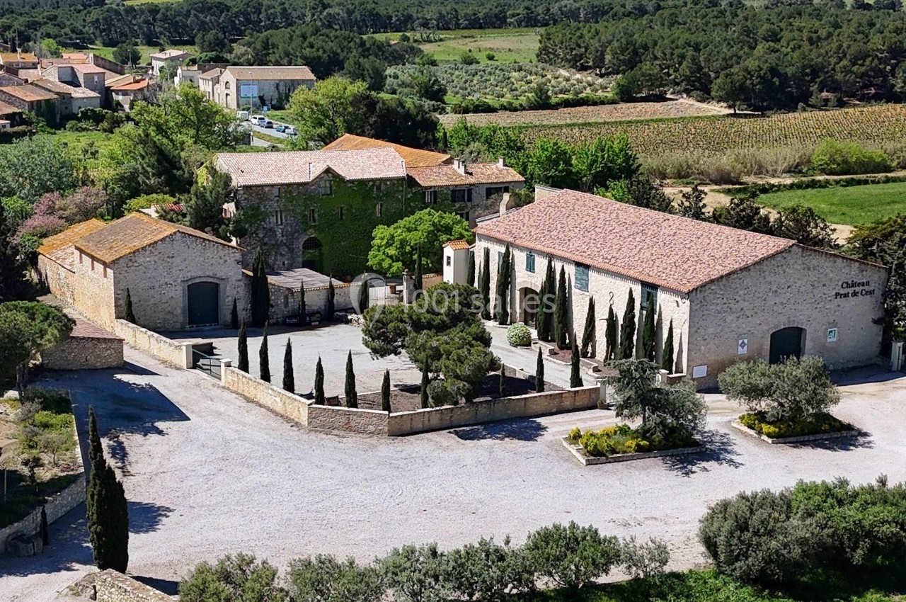 Vue aérienne d'un domaine viticole avec bâtiments en pierre, cour arborée et rangées de cyprès, entouré de vignes.