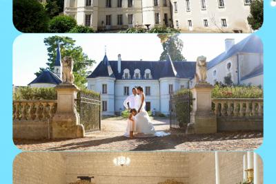 Miniature Location salle Assay (Indre-et-Loire) - Chateau de Basché #6 Image d'un château avec guirlandes lumineuses, un couple de mariés dans la cour et une salle de réception décorée.