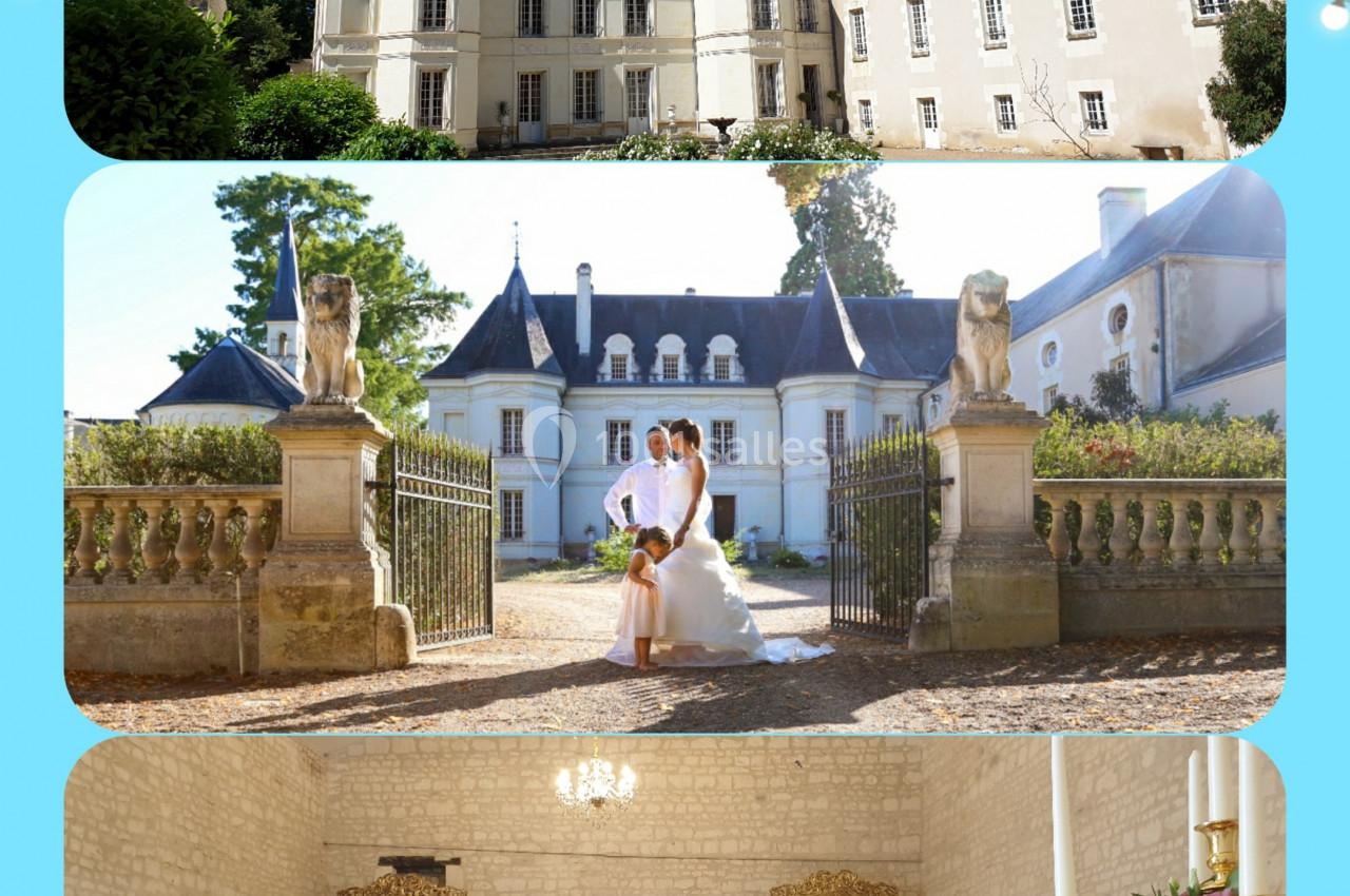 Location salle Assay (Indre-et-Loire) - Chateau de Basché #6 Image d'un château avec jardins, un couple de mariés devant une entrée, et une salle de réception élégamment décorée.