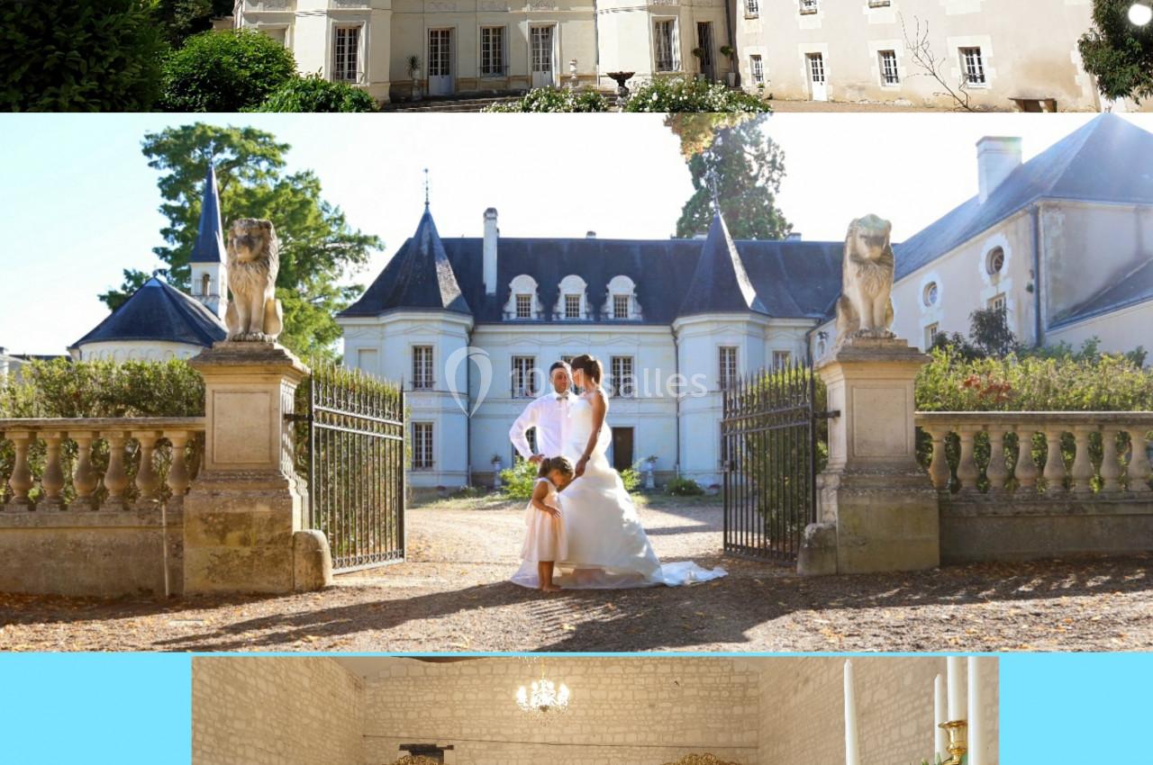 Location salle Assay (Indre-et-Loire) - Chateau de Basché #12 Image d'un château avec guirlandes lumineuses, un couple de mariés dans la cour et une salle de réception décorée.