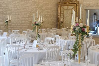 Miniature Location salle Assay (Indre-et-Loire) - Chateau de Basché #4 Image d'un château avec guirlandes lumineuses, un couple de mariés dans la cour et une salle de réception décorée.