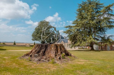 Grand bâtiment classique entouré d'une pelouse bien entretenue, avec un arbre imposant et un petit bassin au premier plan.