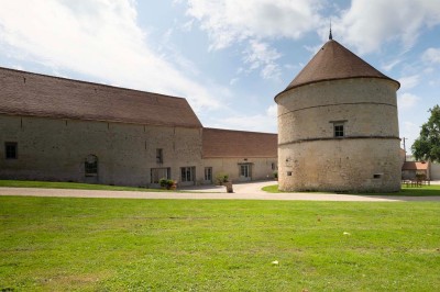 Grand bâtiment classique entouré d'une pelouse bien entretenue, avec un arbre imposant et un petit bassin au premier plan.