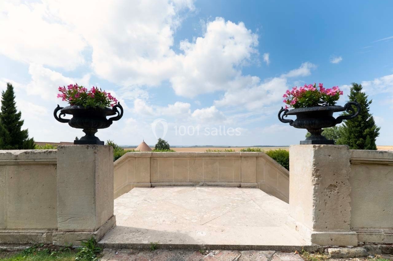 Deux jardinières fleuries encadrent une terrasse en pierre avec vue sur un paysage champêtre sous un ciel bleu.