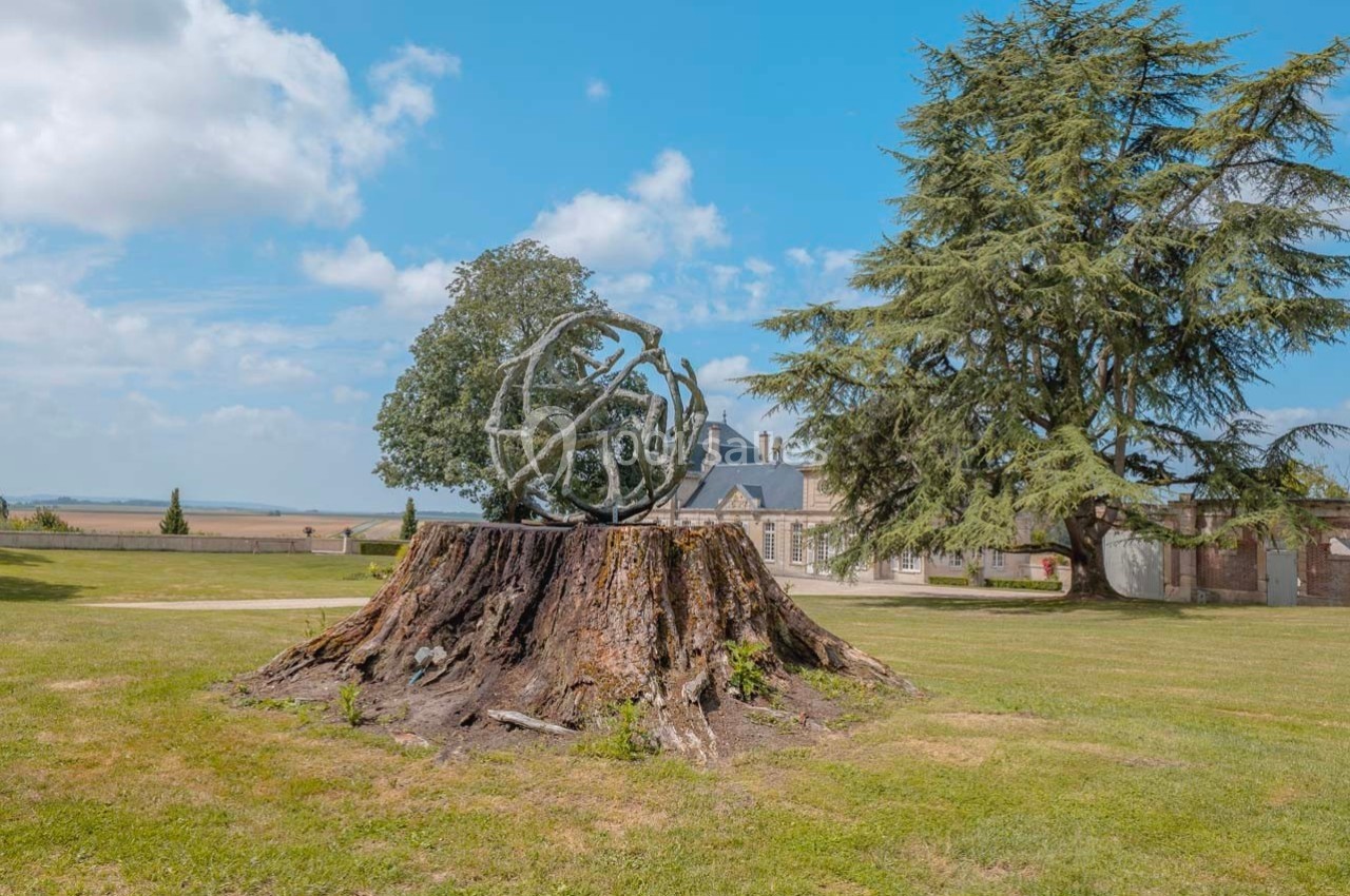 Sculpture métallique posée sur une souche d'arbre dans un parc avec pelouse, arbres et bâtiment en arrière-plan.
