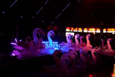 Un DJ mixe sur scène dans une ambiance sombre et lumineuse, décorée avec des éléments d'Halloween.