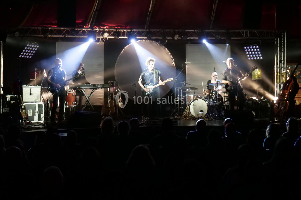 Groupe de musiciens jouant sur scène éclairée avec des projecteurs, devant un public dans l'ombre.