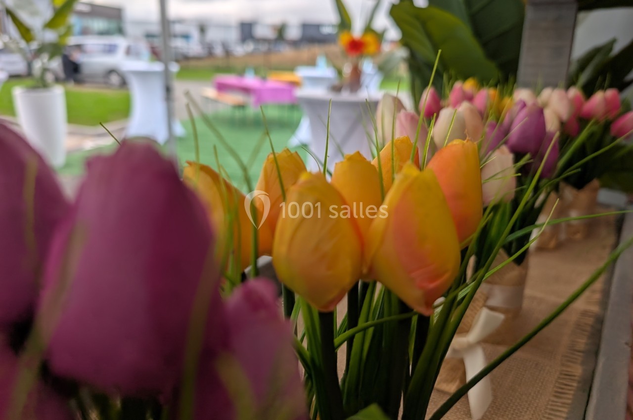 Fleurs colorées en gros plan avec un arrière-plan flou montrant des tables et un espace extérieur.