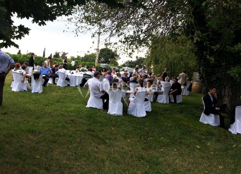 Groupe de personnes assises à des tables en plein air sur une pelouse, lors d'un événement ou d'une réception.