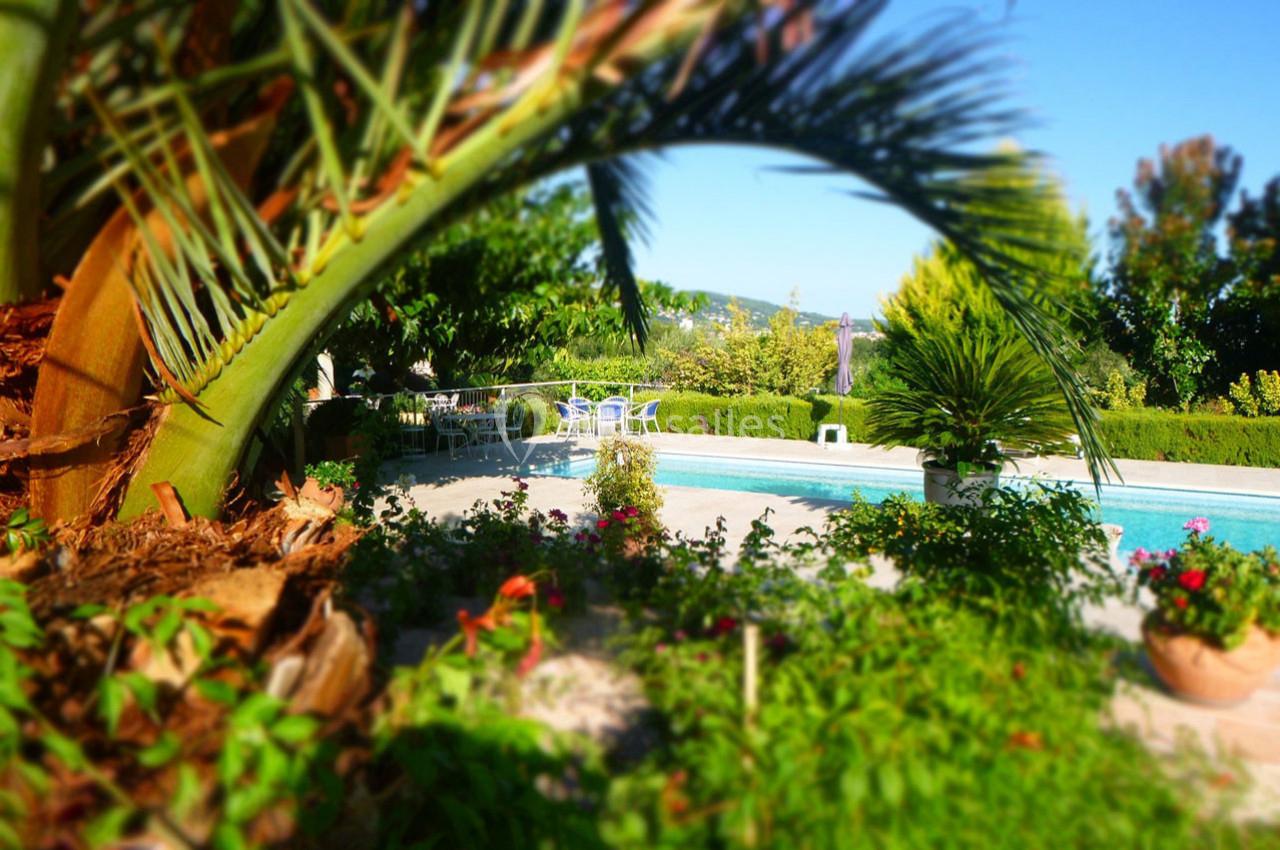Vue d'une piscine entourée de végétation luxuriante, avec des chaises et une table en arrière-plan.