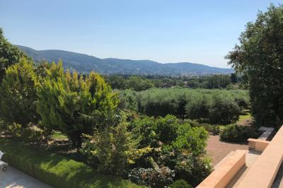 Vue sur un jardin verdoyant avec des arbres et des collines en arrière-plan sous un ciel dégagé.
