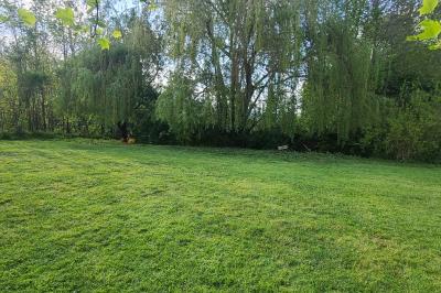 Salle de réception décorée pour un événement, avec tables rondes dressées et un écran de projection allumé.
