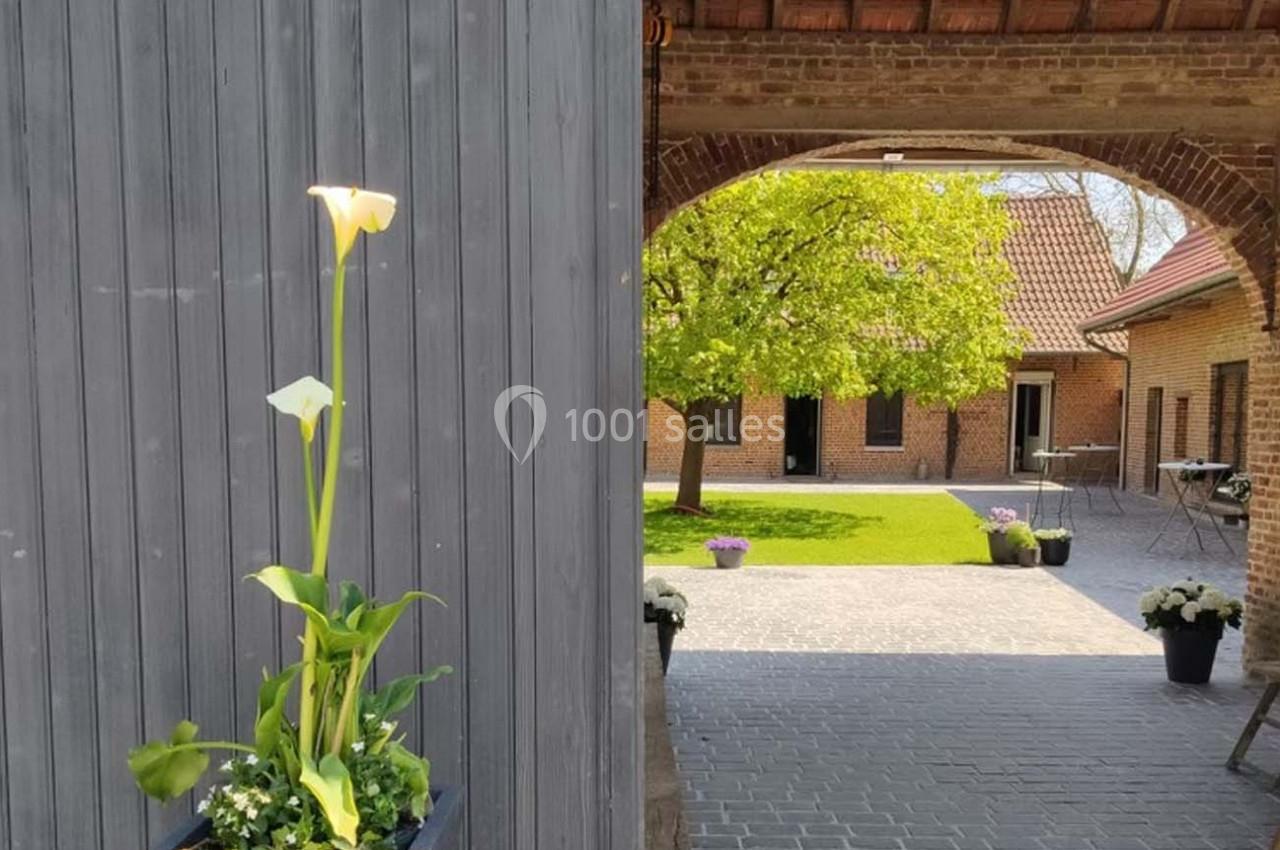 Plante avec des arums blancs en pot devant une porte grise, ouvrant sur une cour pavée et un arbre verdoyant.