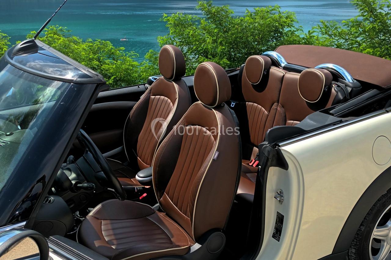 Voiture décapotable blanche avec intérieur en cuir marron, stationnée près d'un lac entouré de verdure.