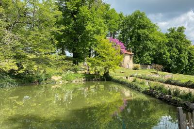 Salle de restaurant avec tables rondes dressées, nappes blanches, chaises en bois et éclairage tamisé.