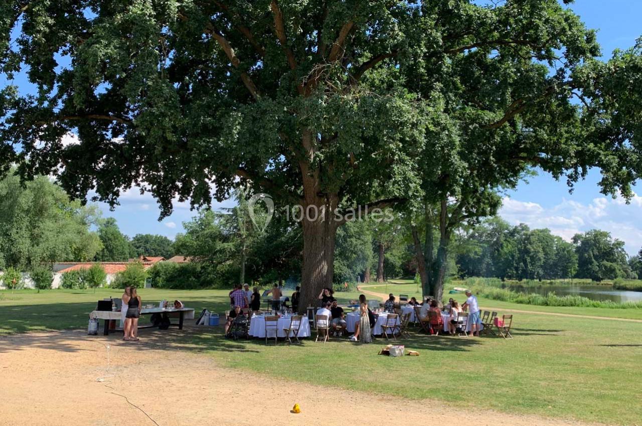 Groupe de personnes assises à l'ombre d'un grand arbre dans un parc, participant à une réunion ou un repas en plein air.