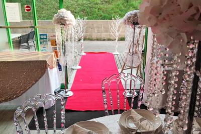 Plateaux de fruits variés avec morceaux d'orange, pomme, kiwi, mangue, groseilles et ananas garni de myrtilles.