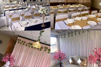 Plateaux de fruits variés avec morceaux d'orange, pomme, kiwi, mangue, groseilles et ananas garni de myrtilles.