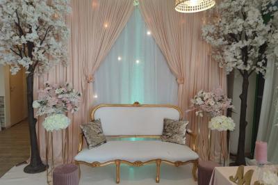 Plateaux de fruits variés avec morceaux d'orange, pomme, kiwi, mangue, groseilles et ananas garni de myrtilles.