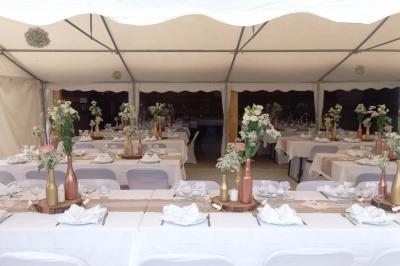 Chambre lumineuse avec lits en bois, bureau, armoire, décorations végétales et vue sur un jardin par la fenêtre.