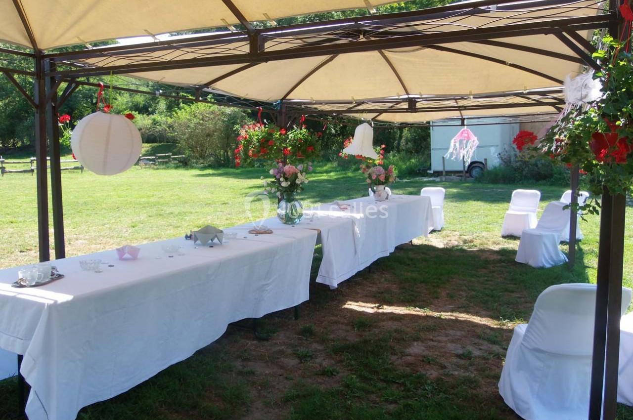 Tables décorées sous une tonnelle avec nappes blanches, fleurs et lanternes, dans un jardin verdoyant.