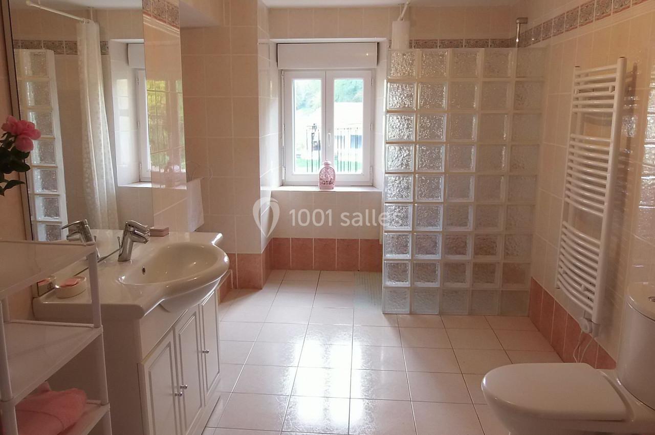 Salle de bain lumineuse avec lavabo, miroir, douche à paroi en briques de verre, radiateur et fenêtre donnant sur l…