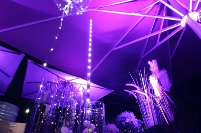 Plateau d'éclairs salés disposés sur une table avec des bouteilles de champagne dans un seau de glace en arrière-plan.