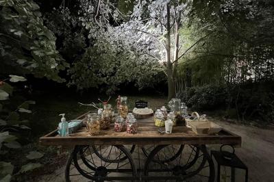 Chambre lumineuse avec lit double, commode en bois, portant à vêtements, télévision et poutre apparente au plafond.