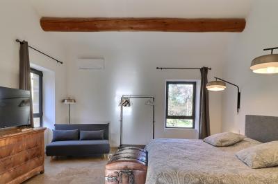 Chambre lumineuse avec lit double, commode en bois, portant à vêtements, télévision et poutre apparente au plafond.