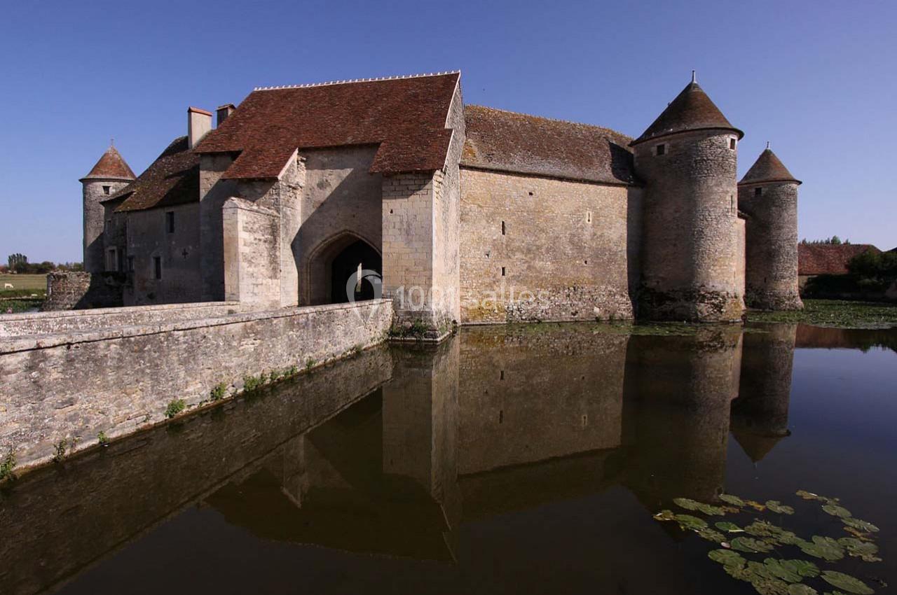 Château médiéval en pierre entouré d'eau, avec tours rondes et toit en tuiles rouges sous un ciel dégagé.