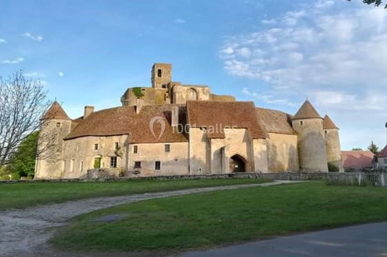 Château médiéval en pierre avec tours et toits en tuiles rouges, entouré de verdure sous un ciel partiellement nuageux.