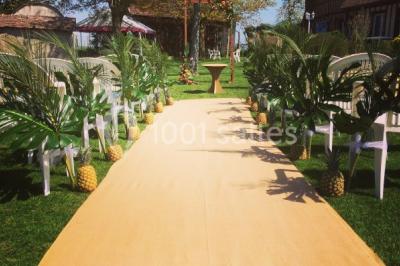 Décoration de salle avec échelle en bois ornée de lettres ’LOVE’, pampas et vases, éclairage violet en arrière-plan.