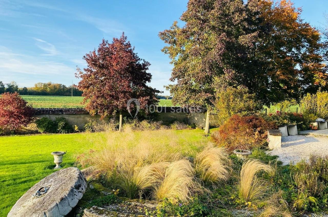 Jardin avec herbes hautes, arbres aux feuilles d'automne et vue sur un champ sous un ciel dégagé.