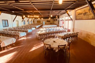 Grande salle vide avec un sol en pierre, plafond en bois avec poutres apparentes et lustres suspendus, décorée de plantes.