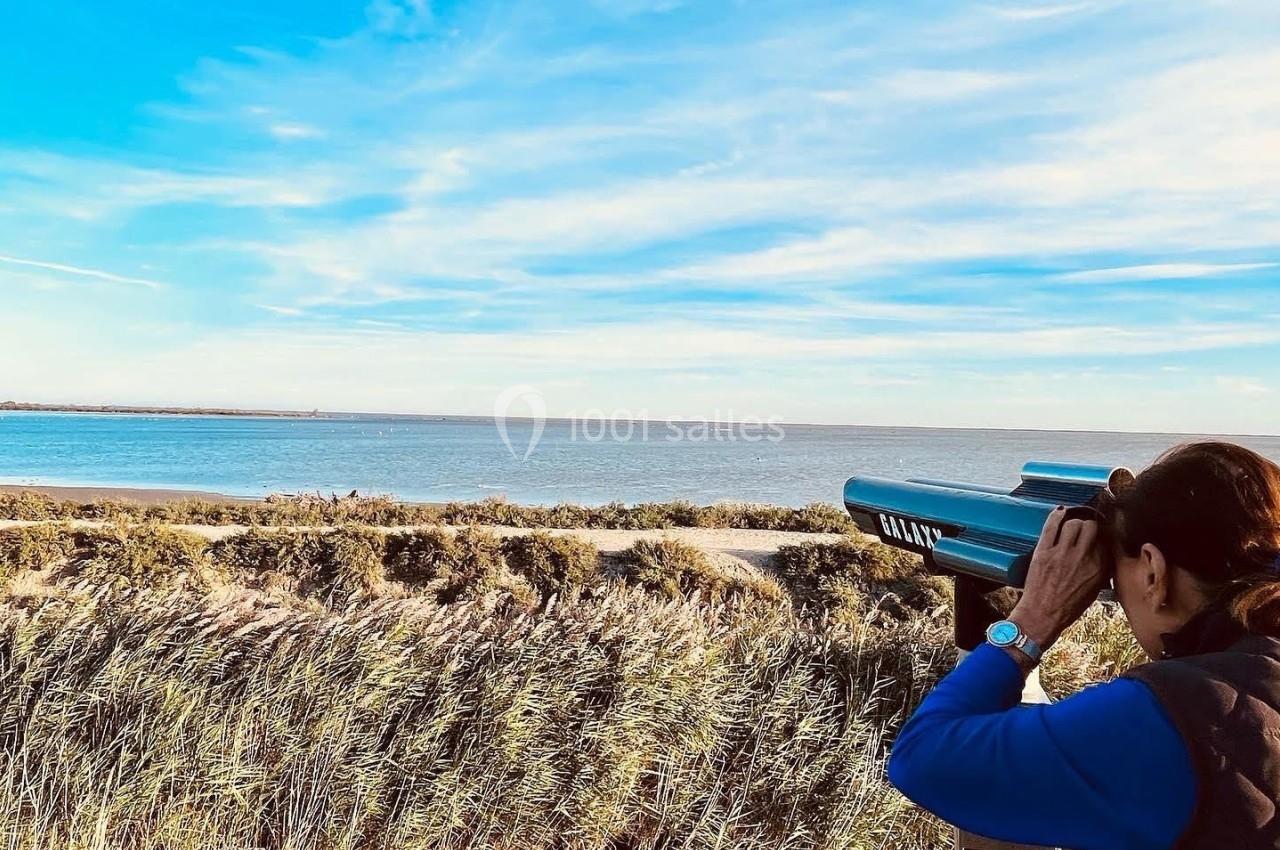 Une personne observe un paysage naturel avec des jumelles depuis une plateforme en bois, face à un étang et des roseaux.