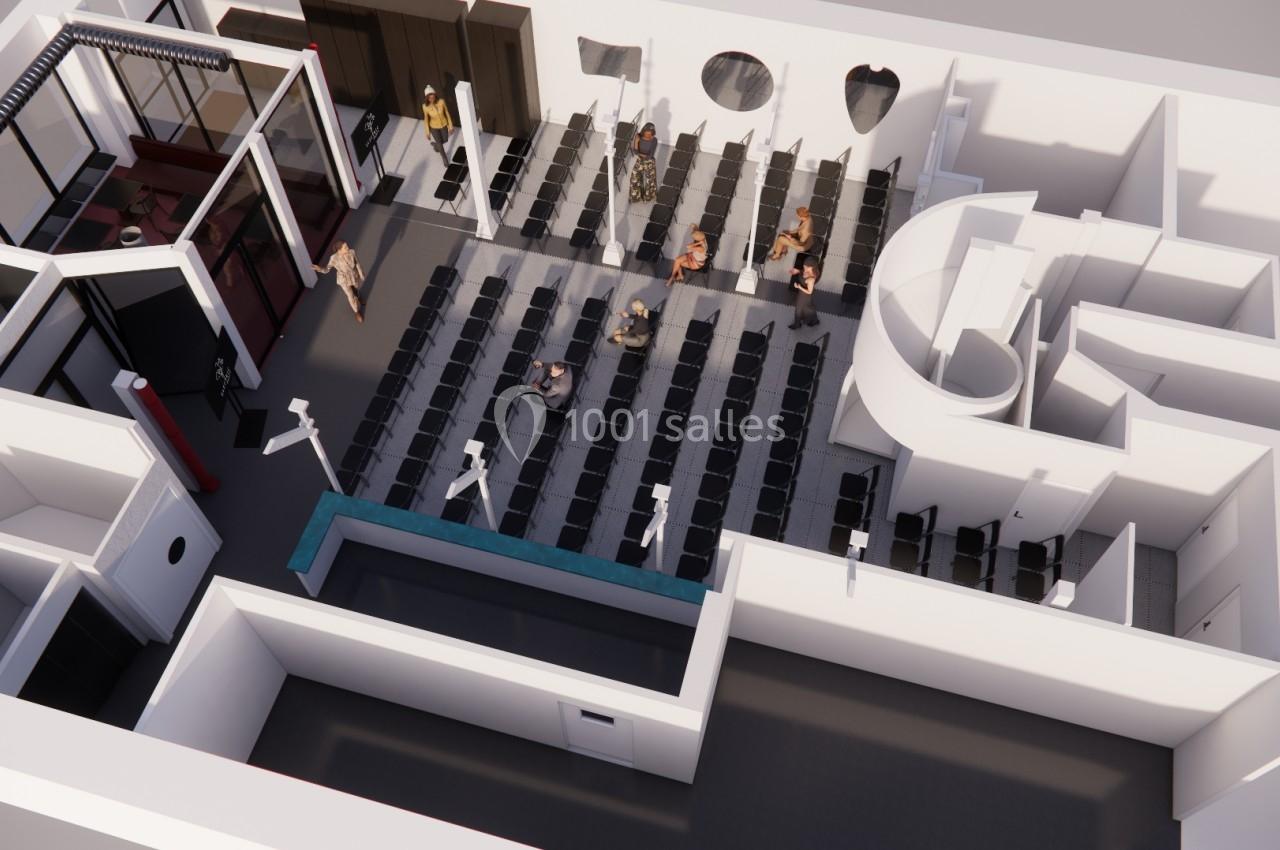 Vue en perspective d'une salle de conférence avec des rangées de sièges, quelques personnes et des espaces adjacents.